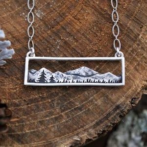 “Silver Landscape” Artwork Sun Mountainscape Mountains Horizontal Steel Necklace